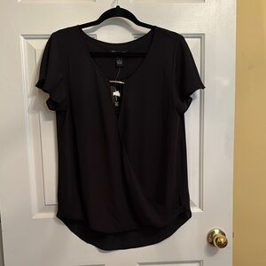 INC International Concepts Black Wrap Short Sleeve Blouse